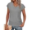 image:imageWIHOLL Womens V Neck Ruched Cap Sleeve T ShirtGray
