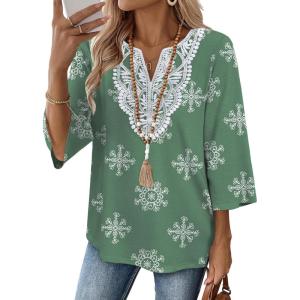 image:imageWIHOLL 34 Length Sleeve Womens Tops Boho V Neck Lace Shirt Trendy Blouses Dressy Casual Vacation Clothes S3XL01  Light Green