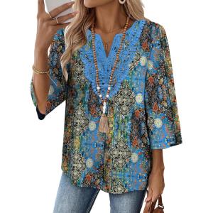 image:imageWIHOLL 34 Length Sleeve Womens Tops Boho V Neck Lace Shirt Trendy Blouses Dressy Casual Vacation Clothes S3XL01  Vintage Boho