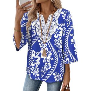 image:imageWIHOLL 34 Length Sleeve Womens Tops Boho V Neck Lace Shirt Trendy Blouses Dressy Casual Vacation Clothes S3XL02  Blue Tribal White Floral