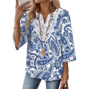 image:imageWIHOLL 34 Length Sleeve Womens Tops Boho V Neck Lace Shirt Trendy Blouses Dressy Casual Vacation Clothes S3XL02  White Tribal Blue Floral