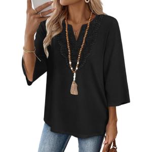 image:imageWIHOLL 34 Length Sleeve Womens Tops Boho V Neck Lace Shirt Trendy Blouses Dressy Casual Vacation Clothes S3XL03  Black