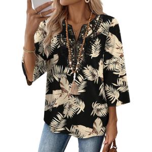 image:imageWIHOLL 34 Length Sleeve Womens Tops Boho V Neck Lace Shirt Trendy Blouses Dressy Casual Vacation Clothes S3XL04  Black With Beige Leaf Print