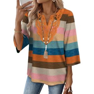 image:imageWIHOLL 34 Length Sleeve Womens Tops Boho V Neck Lace Shirt Trendy Blouses Dressy Casual Vacation Clothes S3XL04  Colorful Stripe