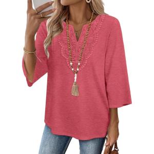 image:imageWIHOLL 34 Length Sleeve Womens Tops Boho V Neck Lace Shirt Trendy Blouses Dressy Casual Vacation Clothes S3XL04  Dusty Rose Pink