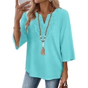 image:imageWIHOLL 34 Length Sleeve Womens Tops Boho V Neck Lace Shirt Trendy Blouses Dressy Casual Vacation Clothes S3XL04  Light Mint Green