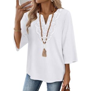 image:imageWIHOLL 34 Length Sleeve Womens Tops Boho V Neck Lace Shirt Trendy Blouses Dressy Casual Vacation Clothes S3XL04  White