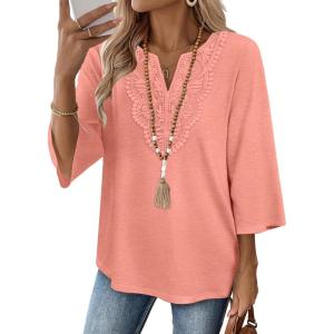 image:imageWIHOLL 34 Length Sleeve Womens Tops Boho V Neck Lace Shirt Trendy Blouses Dressy Casual Vacation Clothes S3XL06  Coral