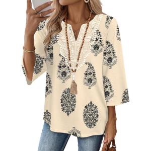 image:imageWIHOLL 34 Length Sleeve Womens Tops Boho V Neck Lace Shirt Trendy Blouses Dressy Casual Vacation Clothes S3XL07  Multi Apricot
