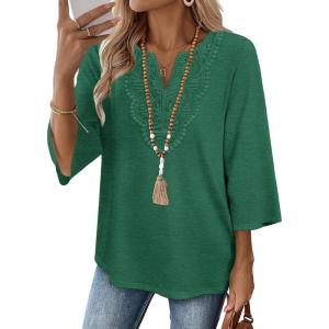 image:imageWIHOLL 34 Length Sleeve Womens Tops Boho V Neck Lace Shirt Trendy Blouses Dressy Casual Vacation Clothes S3XL08  Light Dark Green