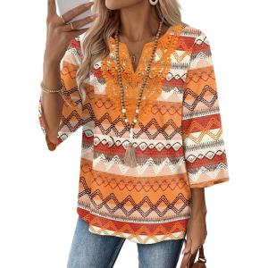 image:imageWIHOLL 34 Length Sleeve Womens Tops Boho V Neck Lace Shirt Trendy Blouses Dressy Casual Vacation Clothes S3XL08  Multi Orange