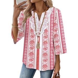 image:imageWIHOLL 34 Length Sleeve Womens Tops Boho V Neck Lace Shirt Trendy Blouses Dressy Casual Vacation Clothes S3XL08  Pink Stripe