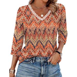 image:imageWIHOLL 34 Length Sleeve Womens Tops Lace V Neck Tunic Tops Loose Fit Dressy Casual Shirts BlousesPrint 2