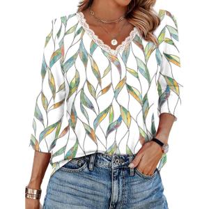image:imageWIHOLL 34 Length Sleeve Womens Tops Lace V Neck Tunic Tops Loose Fit Dressy Casual Shirts BlousesPrint 5