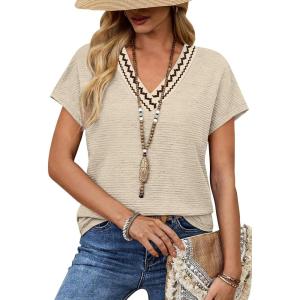 image:imageWIHOLL Blouses for Women Dressy Casual Summer Tops Short Sleeve Shirts Business Casual T Shirts Beach Vacation ClothesBeige Waves