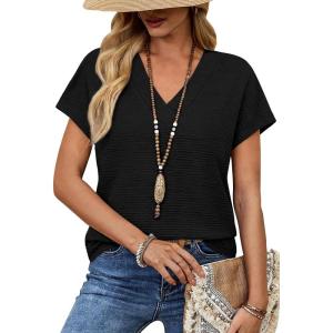image:imageWIHOLL Blouses for Women Dressy Casual Summer Tops Short Sleeve Shirts Business Casual T Shirts Beach Vacation ClothesBlack