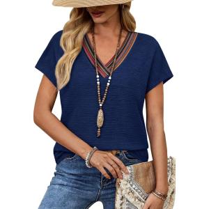 image:imageWIHOLL Blouses for Women Dressy Casual Summer Tops Short Sleeve Shirts Business Casual T Shirts Beach Vacation ClothesBlue Rainbow