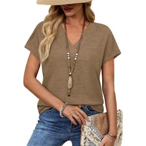 image:imageWIHOLL Blouses for Women Dressy Casual Summer Tops Short Sleeve Shirts Business Casual T Shirts Beach Vacation ClothesBrown