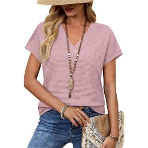 image:imageWIHOLL Blouses for Women Dressy Casual Summer Tops Short Sleeve Shirts Business Casual T Shirts Beach Vacation ClothesPink