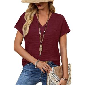 image:imageWIHOLL Blouses for Women Dressy Casual Summer Tops Short Sleeve Shirts Business Casual T Shirts Beach Vacation ClothesPlum Red