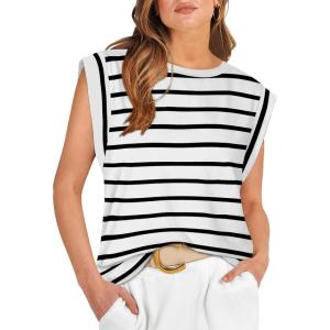 image:imageWIHOLL Cap Sleeve Tops for Women Summer Top Basic Tee Shirts Business Casual Tank Loose Fit 2026 FashionD  Black Stripe