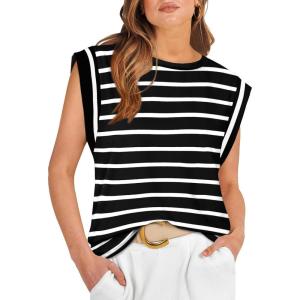 image:imageWIHOLL Cap Sleeve Tops for Women Summer Top Basic Tee Shirts Business Casual Tank Loose Fit 2026 FashionE  White Stripe
