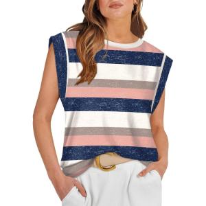 image:imageWIHOLL Cap Sleeve Tops for Women Summer Top Basic Tee Shirts Business Casual Tank Loose Fit 2026 FashionF  Stripedpink