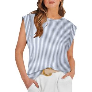image:imageWIHOLL Cap Sleeve Tops for Women Summer Top Basic Tee Shirts Business Casual Tank Loose Fit 2026 FashionG  Blue Stripes