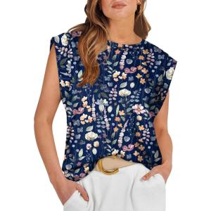image:imageWIHOLL Cap Sleeve Tops for Women Summer Top Basic Tee Shirts Business Casual Tank Loose Fit 2026 FashionG  Navy Floral