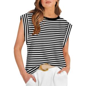 image:imageWIHOLL Cap Sleeve Tops for Women Summer Top Basic Tee Shirts Business Casual Tank Loose Fit 2026 FashionQ  Blackwhite Stripe