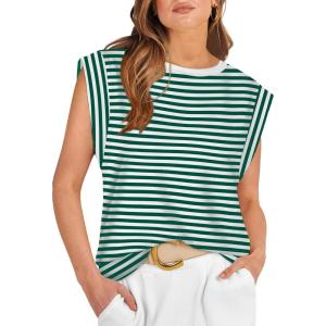 image:imageWIHOLL Cap Sleeve Tops for Women Summer Top Basic Tee Shirts Business Casual Tank Loose Fit 2026 FashionR  Greenwhite Stripe