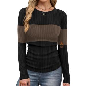 image:imageWIHOLL Long Sleeve Shirts for Women Fall Fashion Thermal Shirts Rib Knit Winter Clothing Warm Undershirts Basic TShirts0brown Stripes