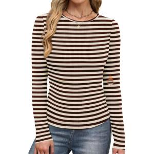 image:imageWIHOLL Long Sleeve Shirts for Women Fall Fashion Thermal Shirts Rib Knit Winter Clothing Warm Undershirts Basic TShirts0coffee Stripes