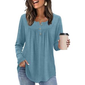image:imageWIHOLL Long Sleeve Shirts for Women Fall Outfits 2025 Crewneck Casual Tunic Tops Trendy Blouses Fashion Clothing3teal