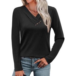 image:imageWIHOLL Long Sleeve Shirts for Women Fall Outfits V Neck T Shirts Button Down Tunic Tops Fashion Clothing0black