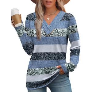 image:imageWIHOLL Long Sleeve Shirts for Women Fall Outfits V Neck T Shirts Button Down Tunic Tops Fashion Clothing0blue Stripes