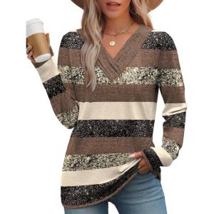 image:imageWIHOLL Long Sleeve Shirts for Women Fall Outfits V Neck T Shirts Button Down Tunic Tops Fashion Clothing0brown Stripe