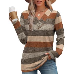 image:imageWIHOLL Long Sleeve Shirts for Women Fall Outfits V Neck T Shirts Button Down Tunic Tops Fashion Clothing0orange Stripes