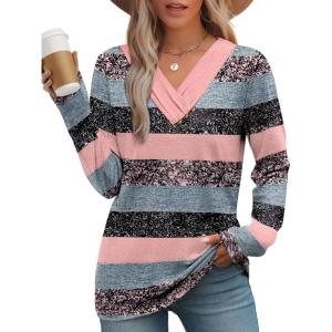 image:imageWIHOLL Long Sleeve Shirts for Women Fall Outfits V Neck T Shirts Button Down Tunic Tops Fashion Clothing0pink Stripe