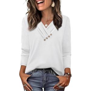 image:imageWIHOLL Long Sleeve Shirts for Women Fall Outfits V Neck T Shirts Button Down Tunic Tops Fashion Clothing0white