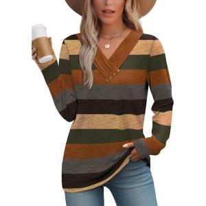 image:imageWIHOLL Long Sleeve Shirts for Women Fall Outfits V Neck T Shirts Button Down Tunic Tops Fashion Clothing1autumn Stripe