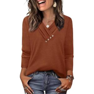 image:imageWIHOLL Long Sleeve Shirts for Women Fall Outfits V Neck T Shirts Button Down Tunic Tops Fashion Clothing1caramel