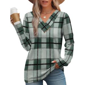 image:imageWIHOLL Long Sleeve Shirts for Women Fall Outfits V Neck T Shirts Button Down Tunic Tops Fashion Clothing1green Grid