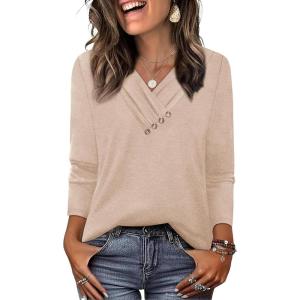 image:imageWIHOLL Long Sleeve Shirts for Women Fall Outfits V Neck T Shirts Button Down Tunic Tops Fashion Clothing1khaki