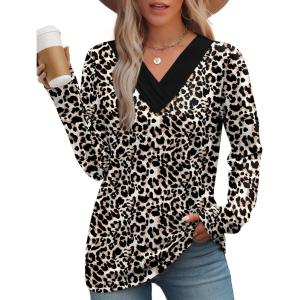 image:imageWIHOLL Long Sleeve Shirts for Women Fall Outfits V Neck T Shirts Button Down Tunic Tops Fashion Clothing1leopard Print
