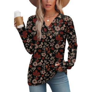 image:imageWIHOLL Long Sleeve Shirts for Women Fall Outfits V Neck T Shirts Button Down Tunic Tops Fashion Clothing1maple Leaf