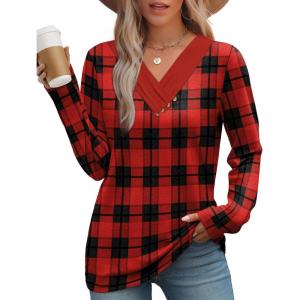 image:imageWIHOLL Long Sleeve Shirts for Women Fall Outfits V Neck T Shirts Button Down Tunic Tops Fashion Clothing1red Plaid