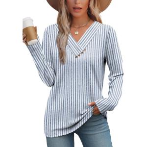 image:imageWIHOLL Long Sleeve Shirts for Women Fall Outfits V Neck T Shirts Button Down Tunic Tops Fashion Clothing1vertical Stripes