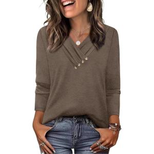 image:imageWIHOLL Long Sleeve Shirts for Women Fall Outfits V Neck T Shirts Button Down Tunic Tops Fashion Clothing2coffee
