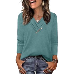 image:imageWIHOLL Long Sleeve Shirts for Women Fall Outfits V Neck T Shirts Button Down Tunic Tops Fashion Clothing2teal